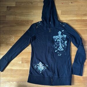 Vtg Y2K Black Embellished Hoodie Goth Matrix Grunge
